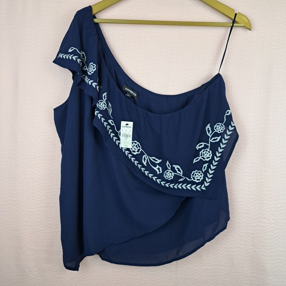 NEW Express Blue & White Floral Embroidered One Shoulder Blouse Size XL